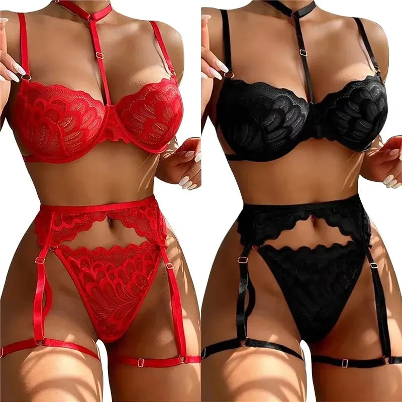 Lace Transparent Lingerie for Women Bra Set Floral Exotic Sheer Half Cup Bra Panty Lingerie Set Fashion Sexy Women's Underwear