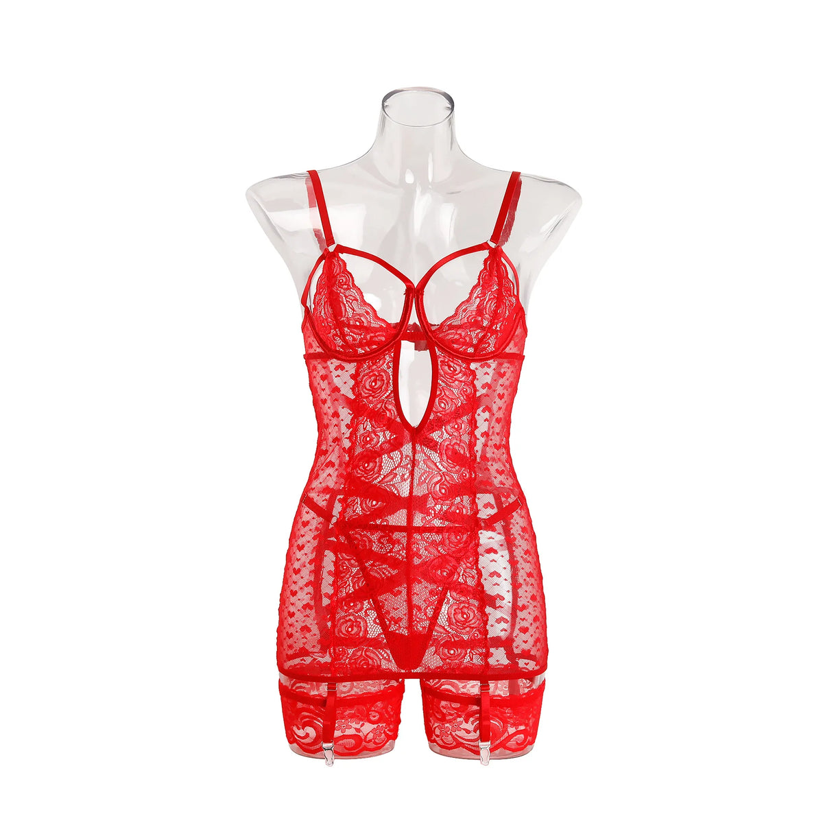 Ellolace Valentine Women's Lingerie Sets Seductive Dress Thong 2PC with Leg Circles Tempted Heart See Through Hollow Mini Body