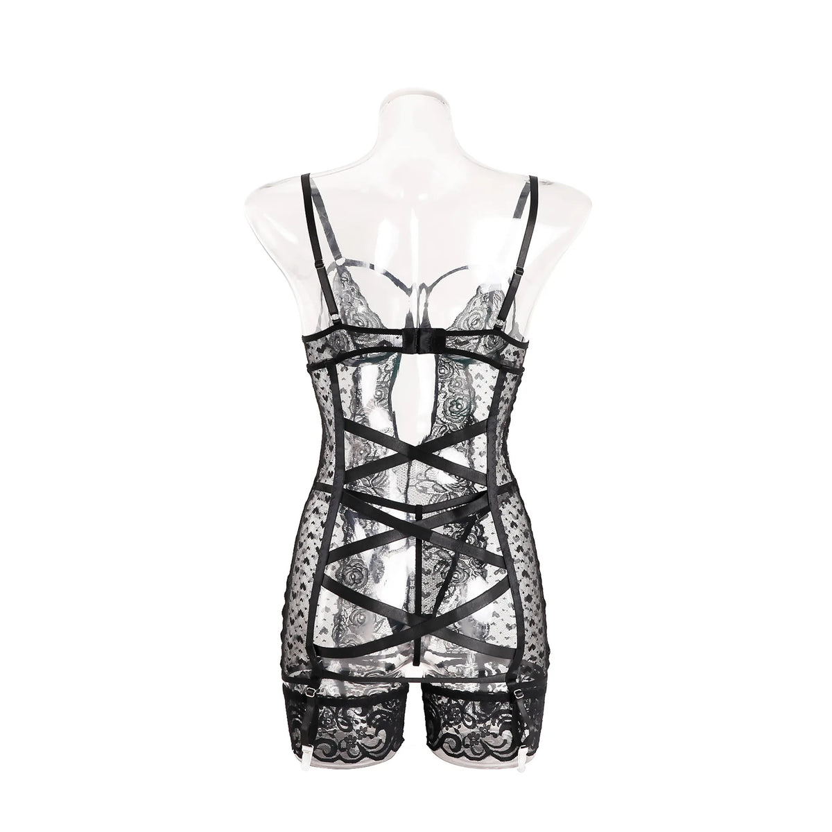 Ellolace Valentine Women's Lingerie Sets Seductive Dress Thong 2PC with Leg Circles Tempted Heart See Through Hollow Mini Body