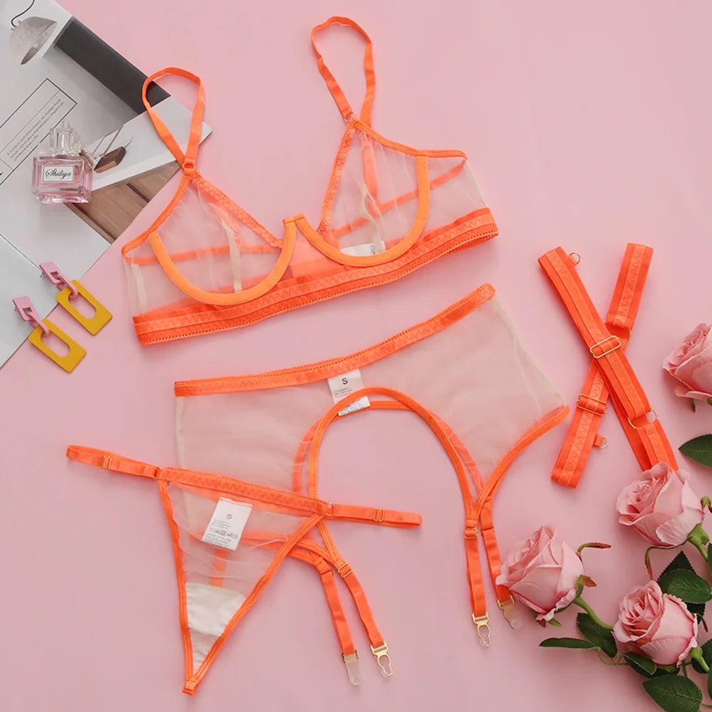 Brskbzda Neon Sensual Sexy Female Lingerie Transparent Bra Panty Set 4-Pieces See Through Seamless Exotic Sets Fancy Underwear