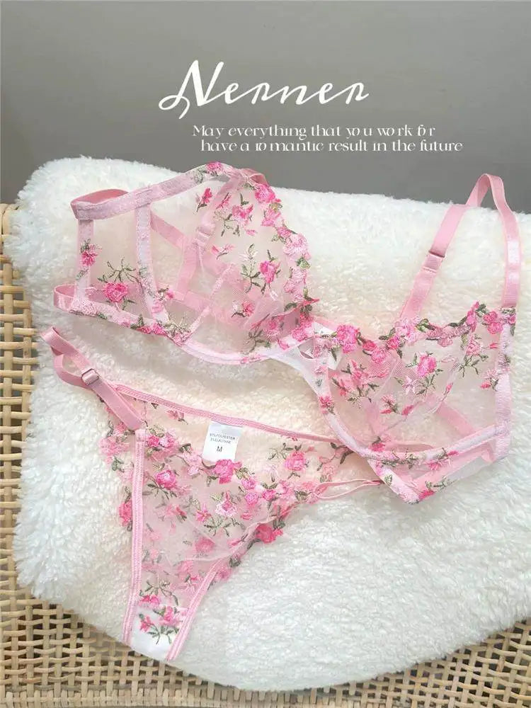 YUQI French Elegant Lingerie Set-Floral Embroidery Semi-Transparent Bra & Brief,Black Sensual Women's Underwear Luxury Intimates
