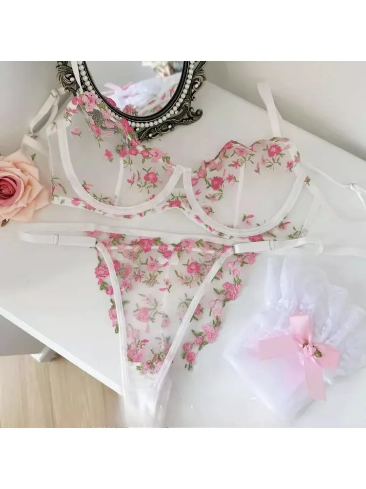 YUQI French Elegant Lingerie Set-Floral Embroidery Semi-Transparent Bra & Brief,Black Sensual Women's Underwear Luxury Intimates