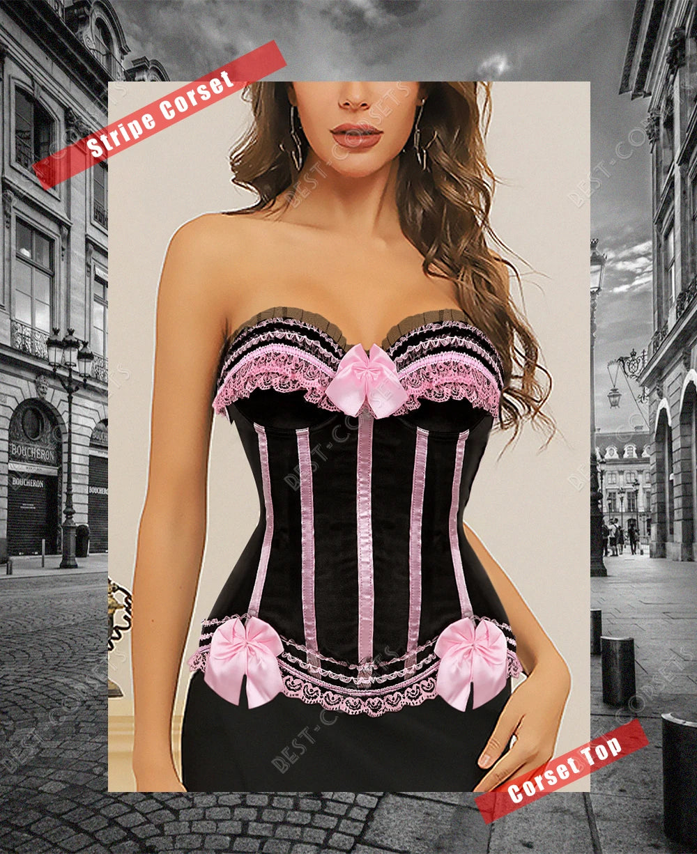 Pink Corset Top for Women Bustier Victorian Striped Sexy Corset Overbust Waist Slimming Corset Princess Halloween Costume