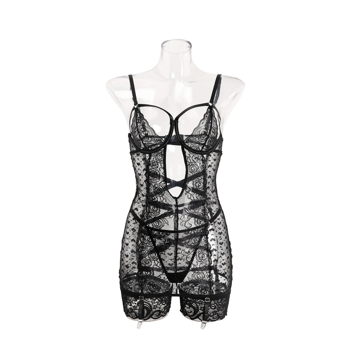 Ellolace Valentine Women's Lingerie Sets Seductive Dress Thong 2PC with Leg Circles Tempted Heart See Through Hollow Mini Body