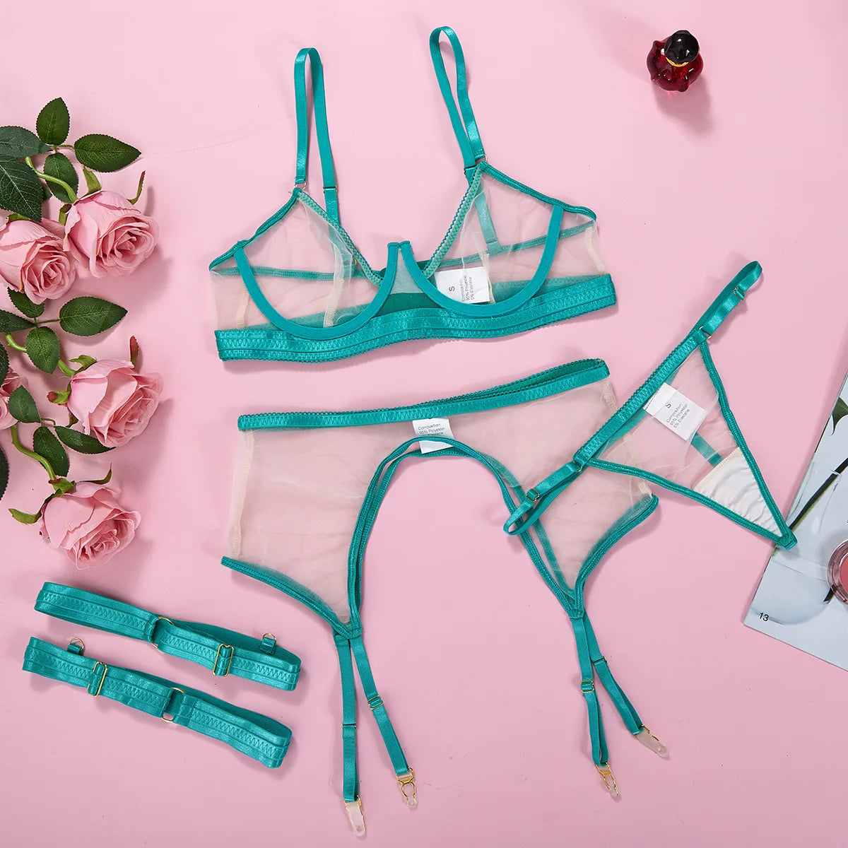 Brskbzda Neon Sensual Sexy Female Lingerie Transparent Bra Panty Set 4-Pieces See Through Seamless Exotic Sets Fancy Underwear