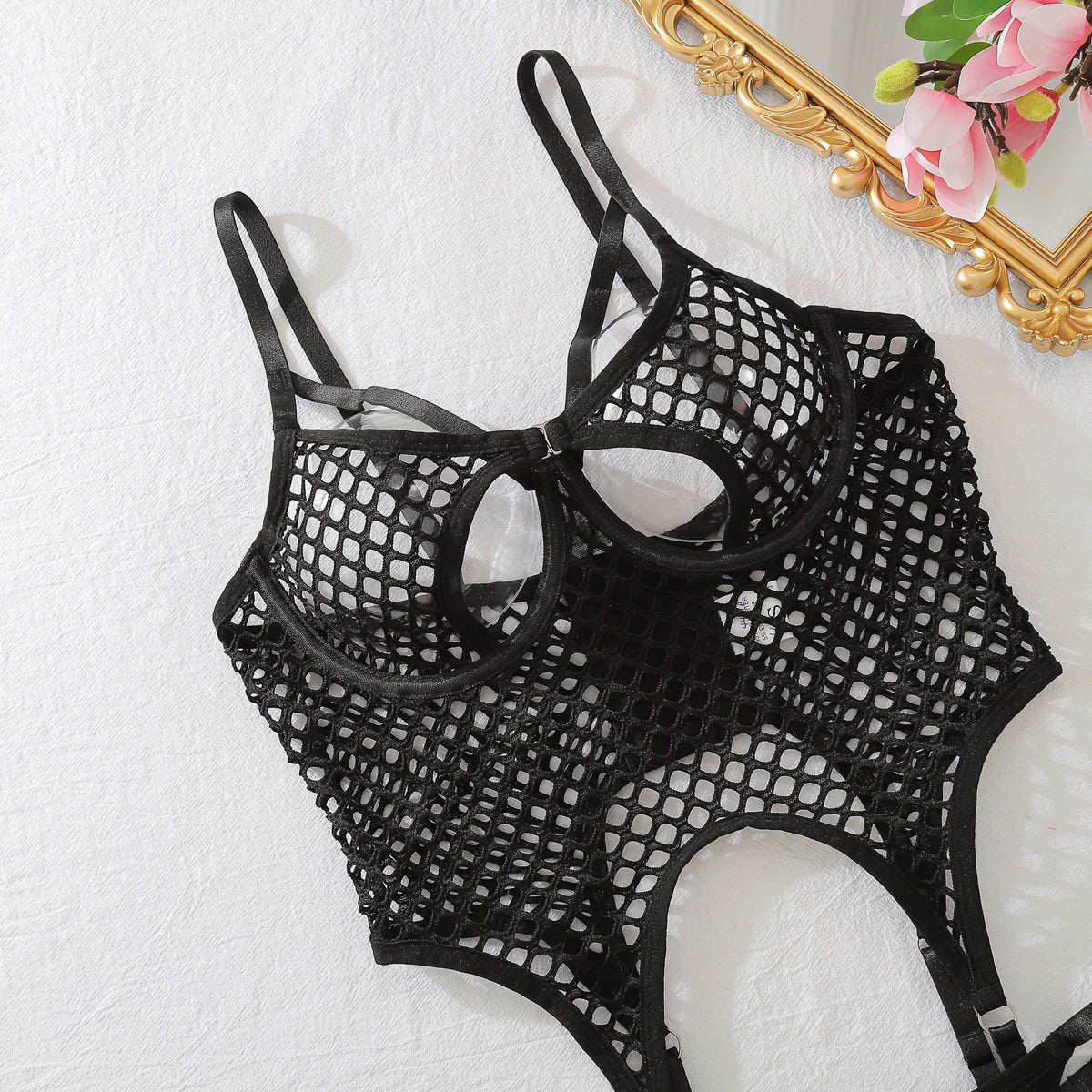 2025 sexy hollow-out fishnet bra ultra-thin see-through body-shaping slimming lingerie two-piece set
