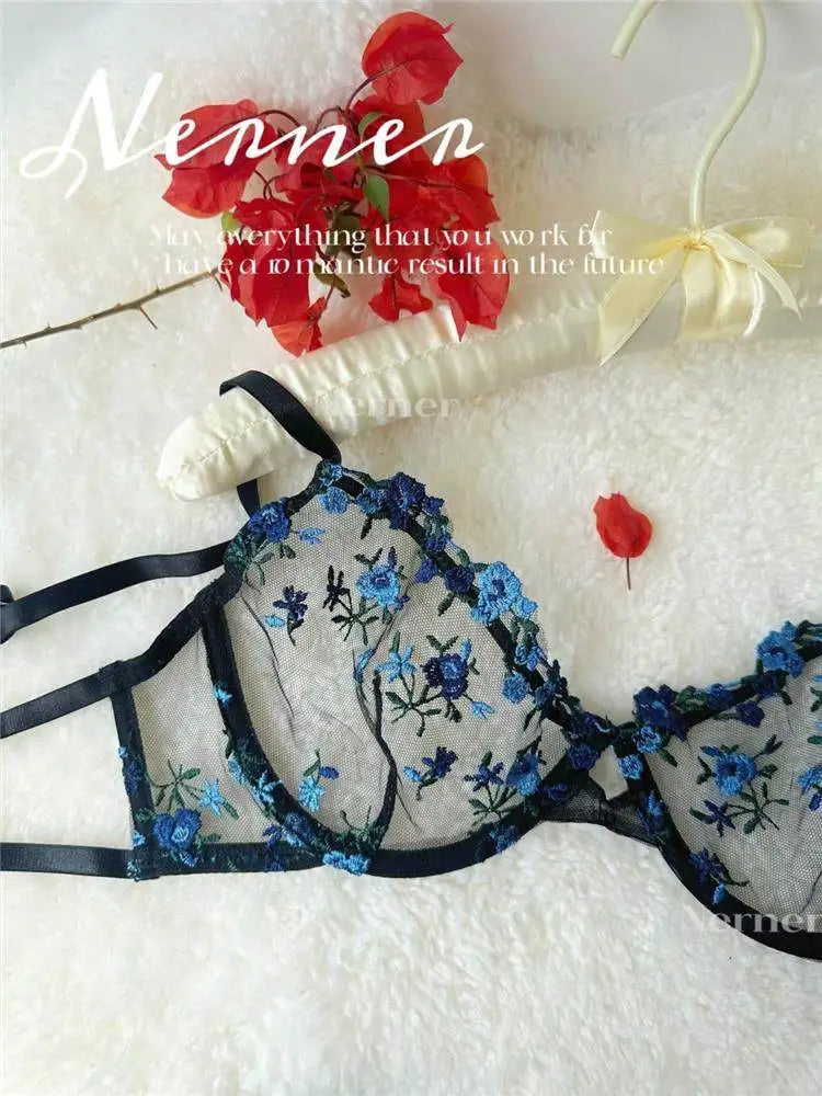 YUQI French Elegant Lingerie Set-Floral Embroidery Semi-Transparent Bra & Brief,Black Sensual Women's Underwear Luxury Intimates