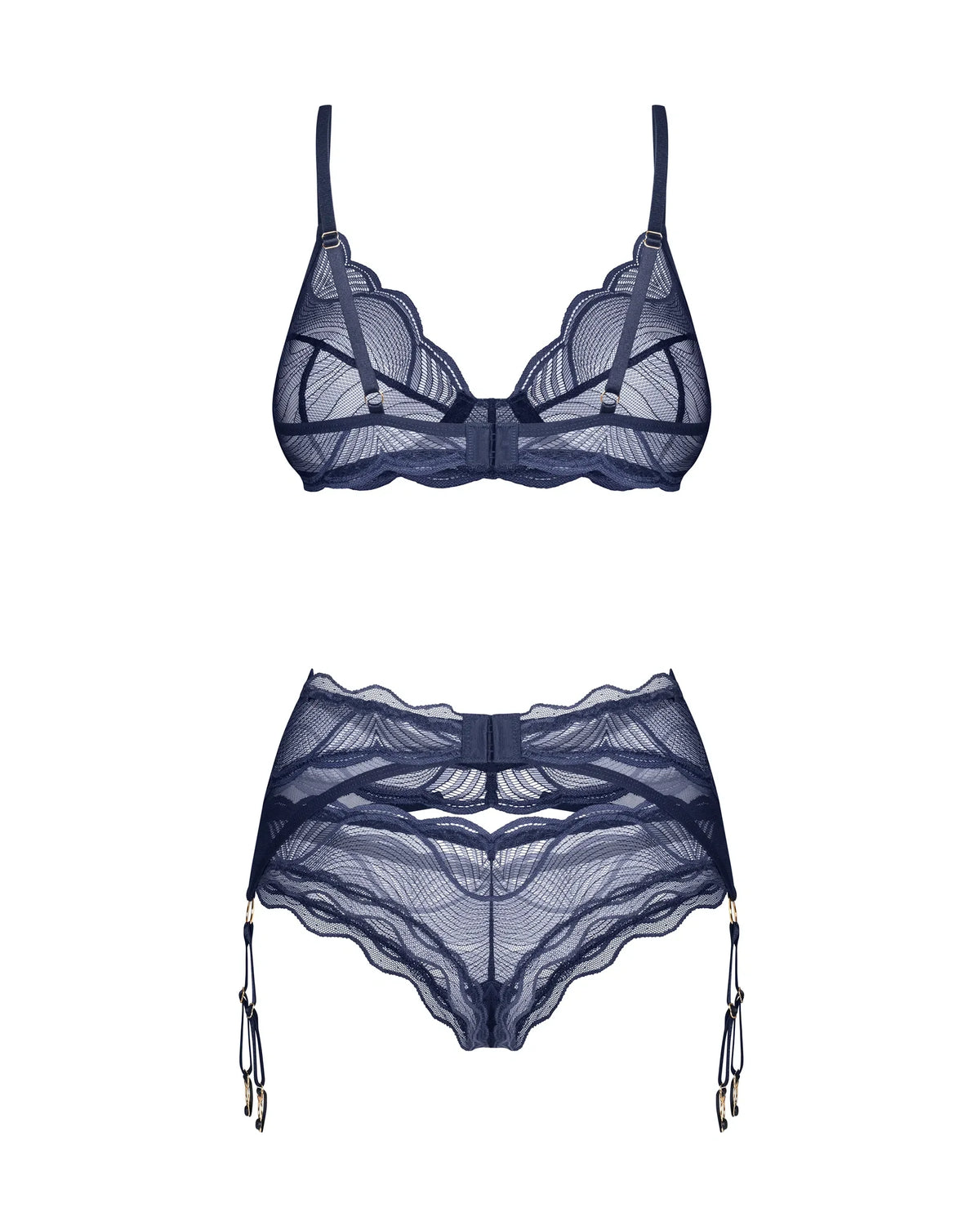 Obsessive Nightly Blue Sheer Bra Thong Garter Belt Set