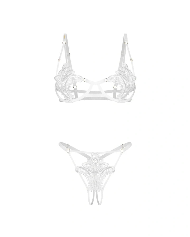 Obsessive Luise Sublim White Lace Open Cup Bra & Crotchless Thong Set