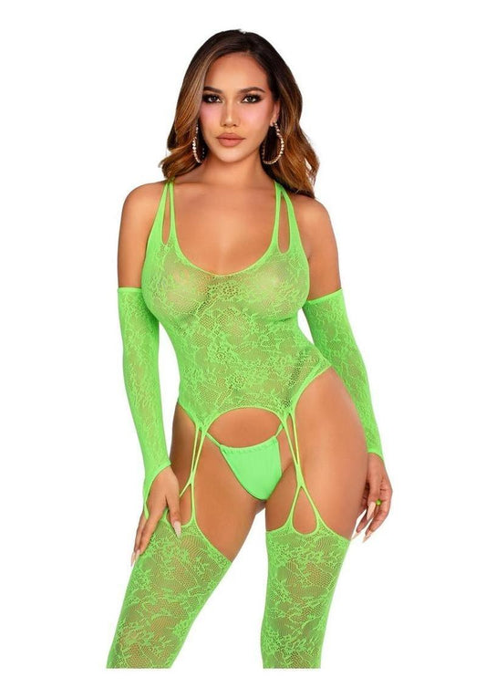 Leg Avenue Neon Green Lace Cami Garter Set