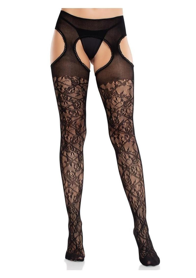 Scalloped Trim Cross Hatch Floral Lace Suspender Hose