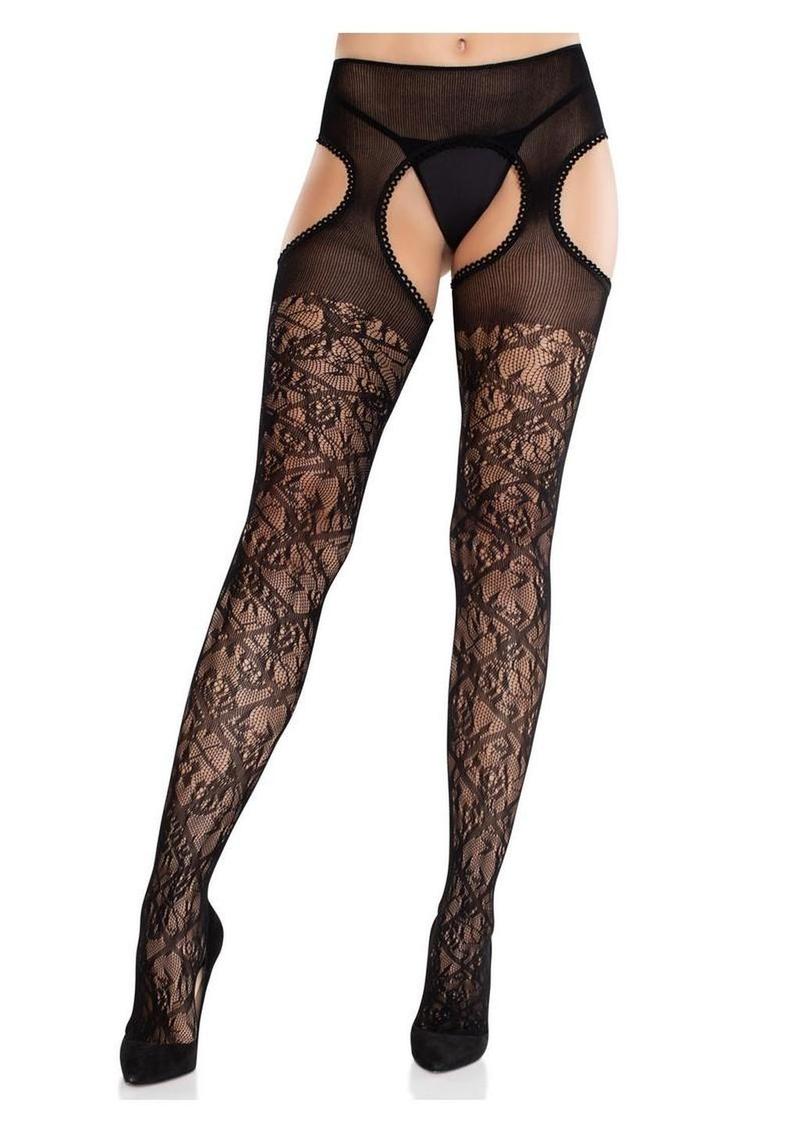 Scalloped Trim Cross Hatch Floral Lace Suspender Hose