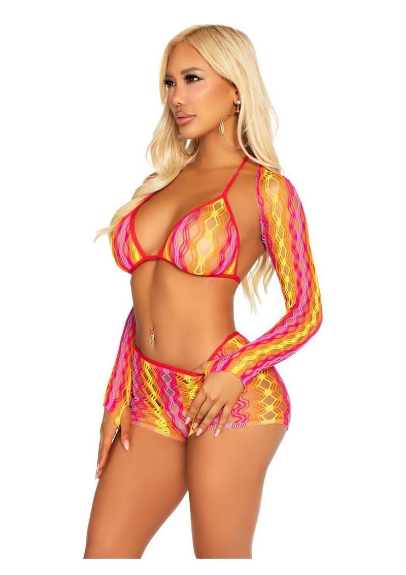 Vibrant Zig Zag Net Bikini Top, Boyshorts, and Shrug