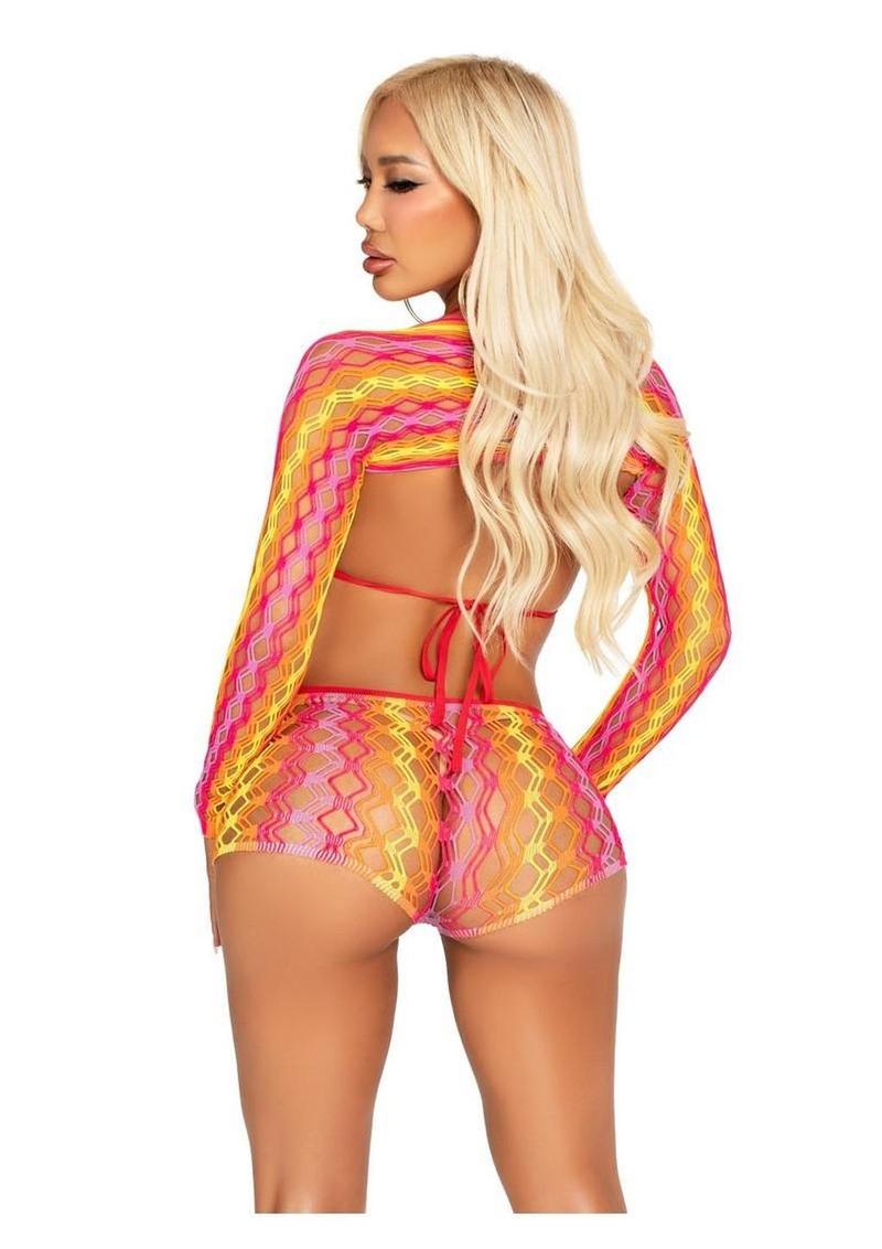 Vibrant Zig Zag Net Bikini Top, Boyshorts, and Shrug