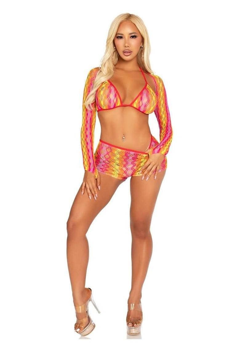 Vibrant Zig Zag Net Bikini Top, Boyshorts, and Shrug
